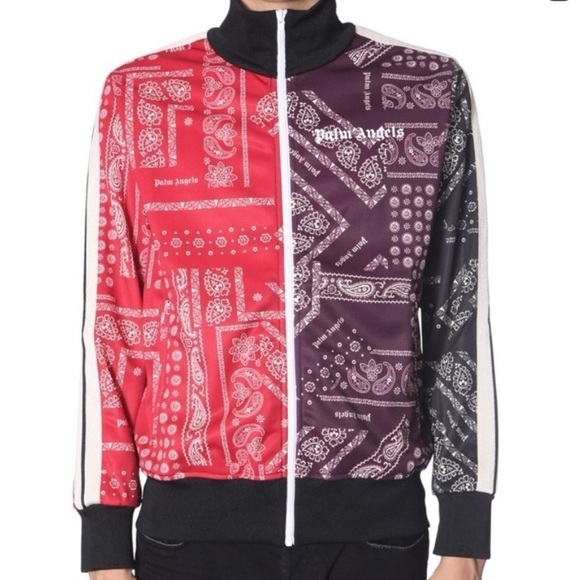 Palm Angels Bandana Track Jacket Zip Up Maroon & Red, Striped Sleeves XL Unisex - Picture 4 of 16